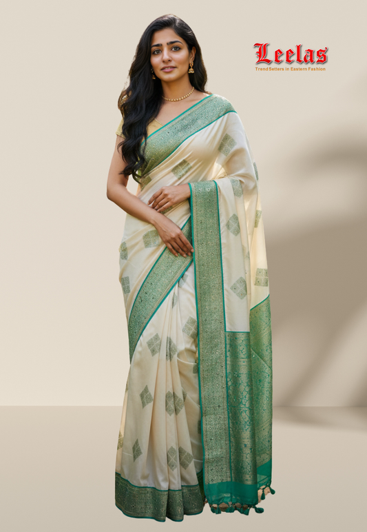 Cream and green banaras saree with bead and stone work border.