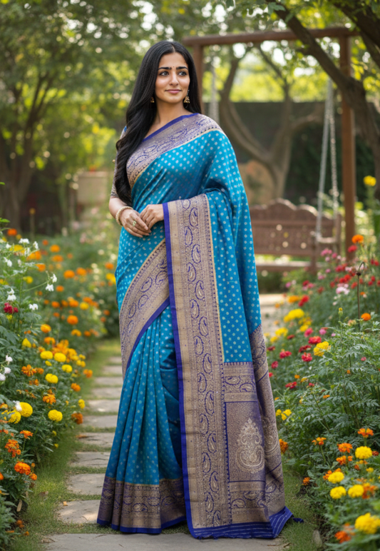 Teal and royal blue banaras saree with bead and stone work border.