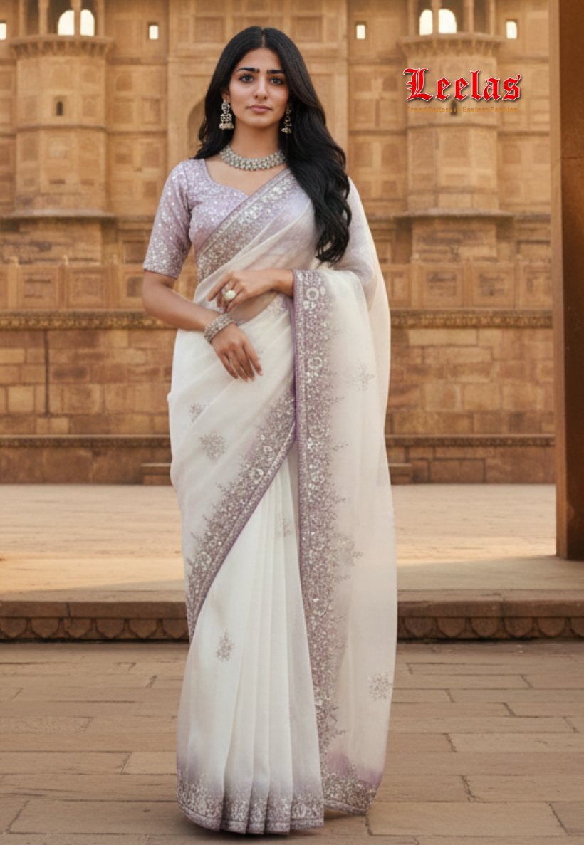 Cream tissue silk saree with stone work, bead work and sequins lilac border.