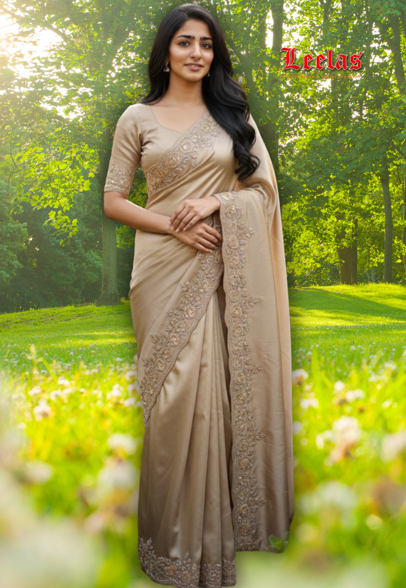 Beige shamu silk saree with beaded stone work and sequins gold border.