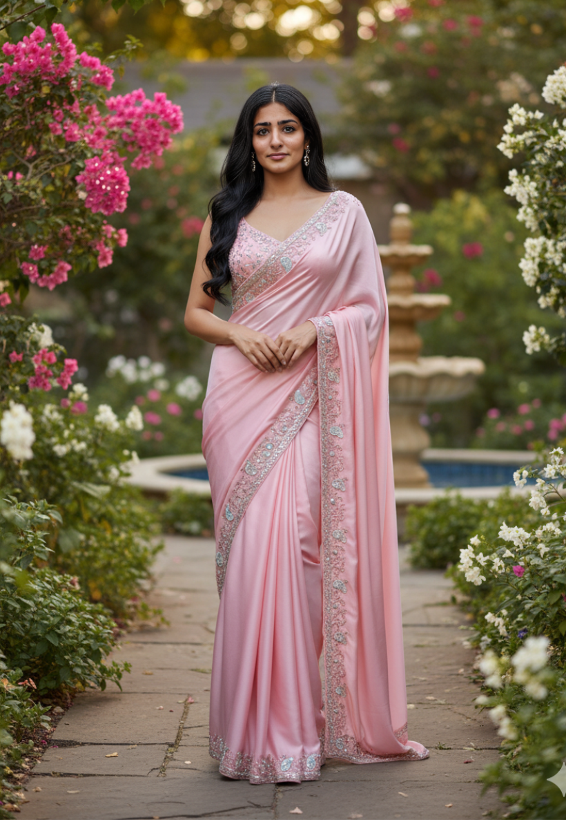Baby pink satin silk saree with sequins and beadwork