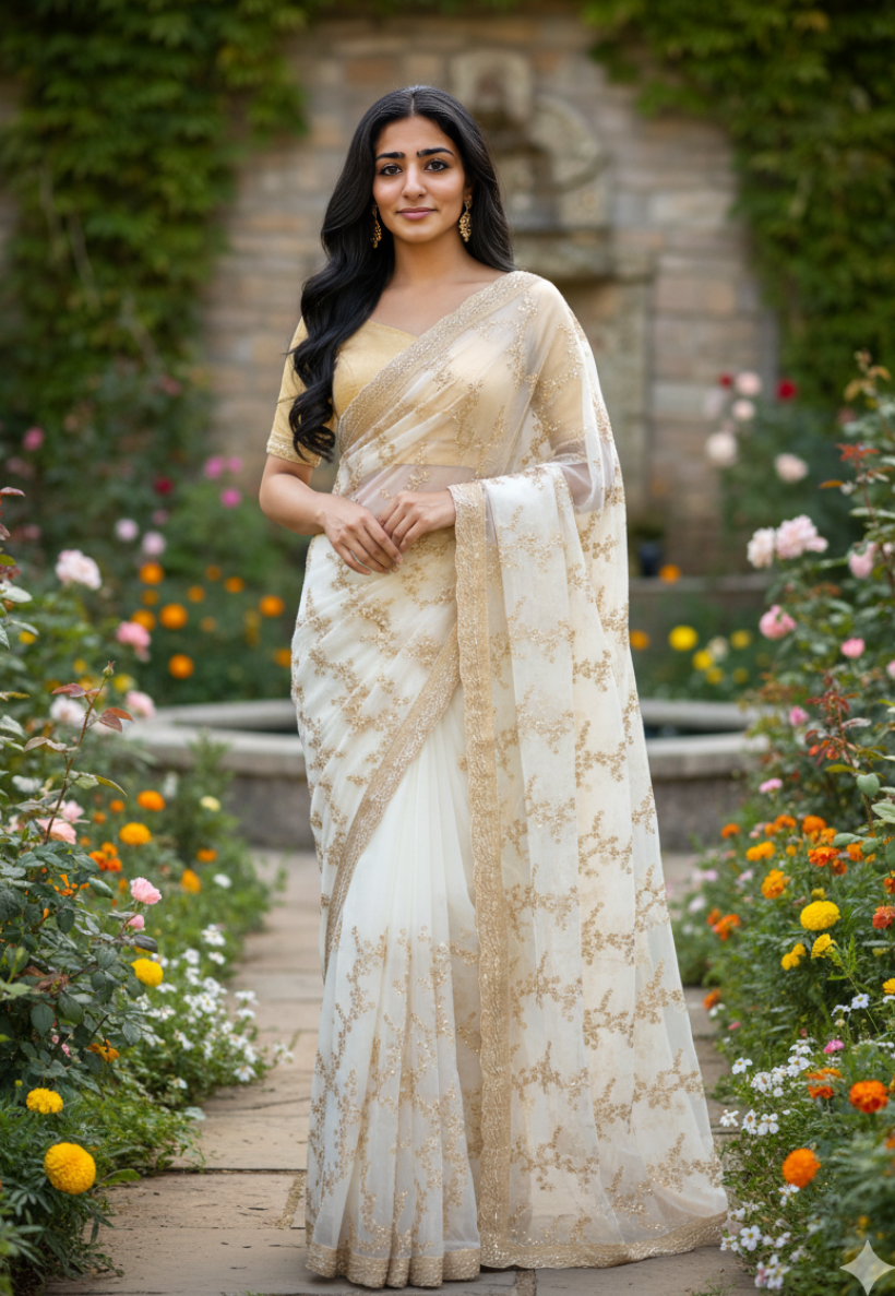 Tissue silk white saree with gold beadwork