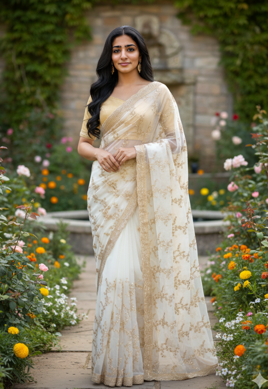 Tissue silk white saree with gold beadwork