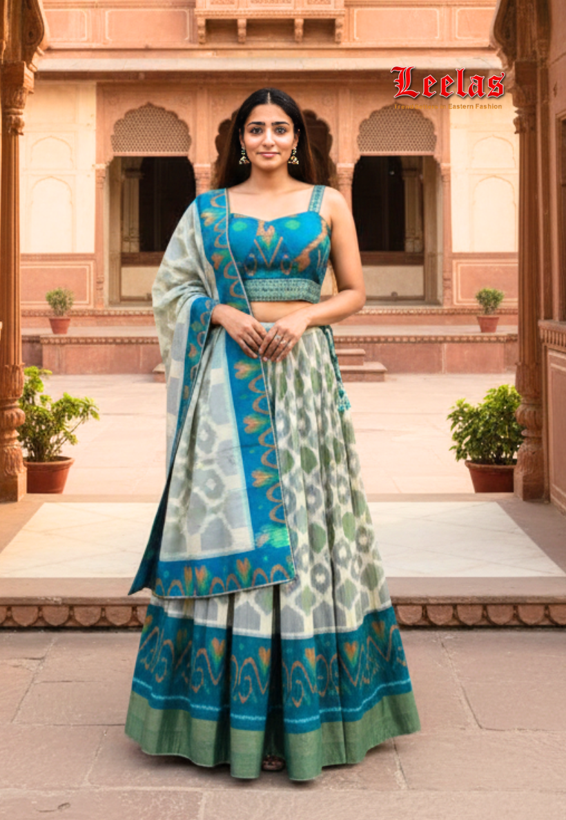 Traditional silk and cream patola design stitched lengha