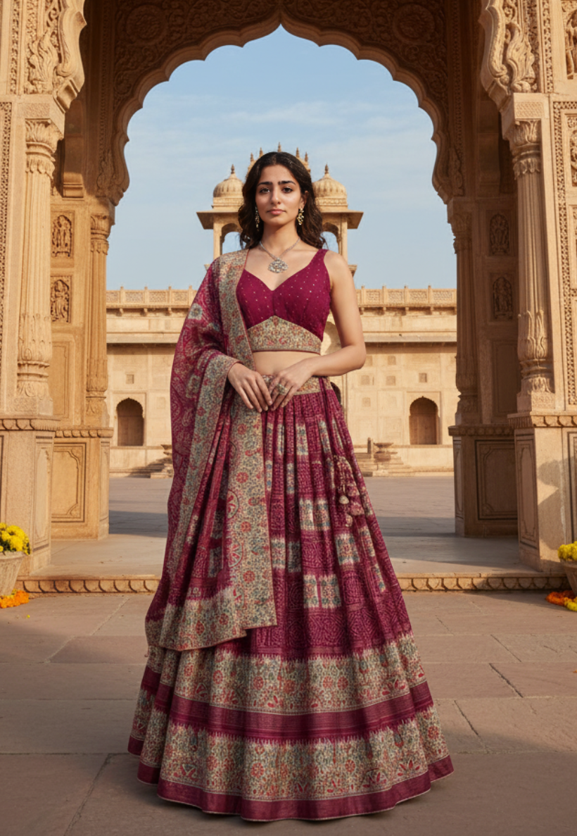 Deep wine bandhani silk lengha with stitched blouse