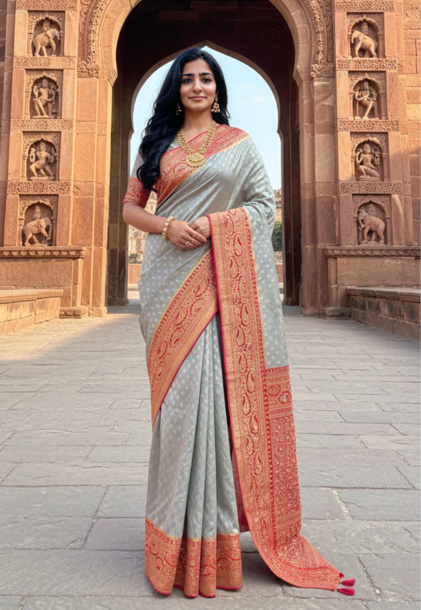 Grey, gold and red banaras saree with bead stone work and sequins border.