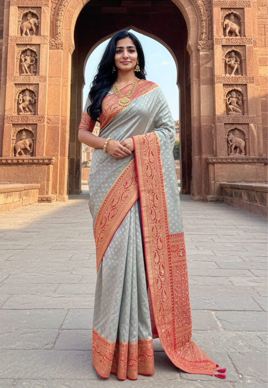 Grey, gold and red banaras saree with bead stone work and sequins border.
