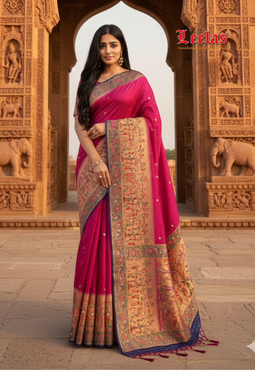 Cerise pink, and purple multi-coloured  bordered kashmiri silk saree with bead and stone work.