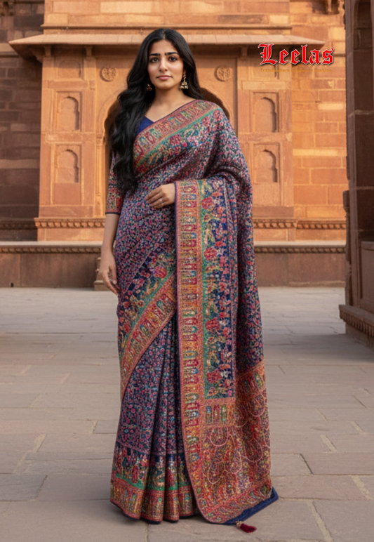 Navy blue multi-coloured floral kashmiri silk saree with bead and stone work.