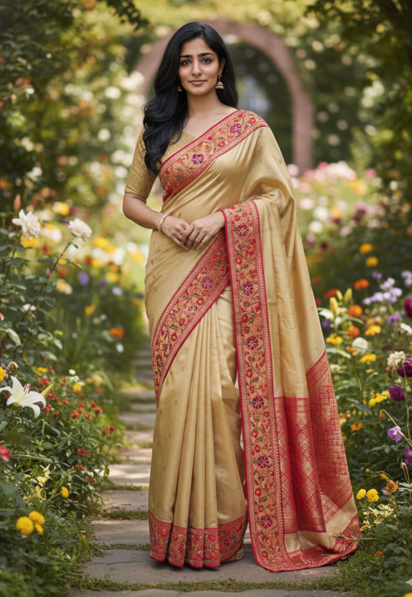 Tissue silk gold saree with cerise pink border