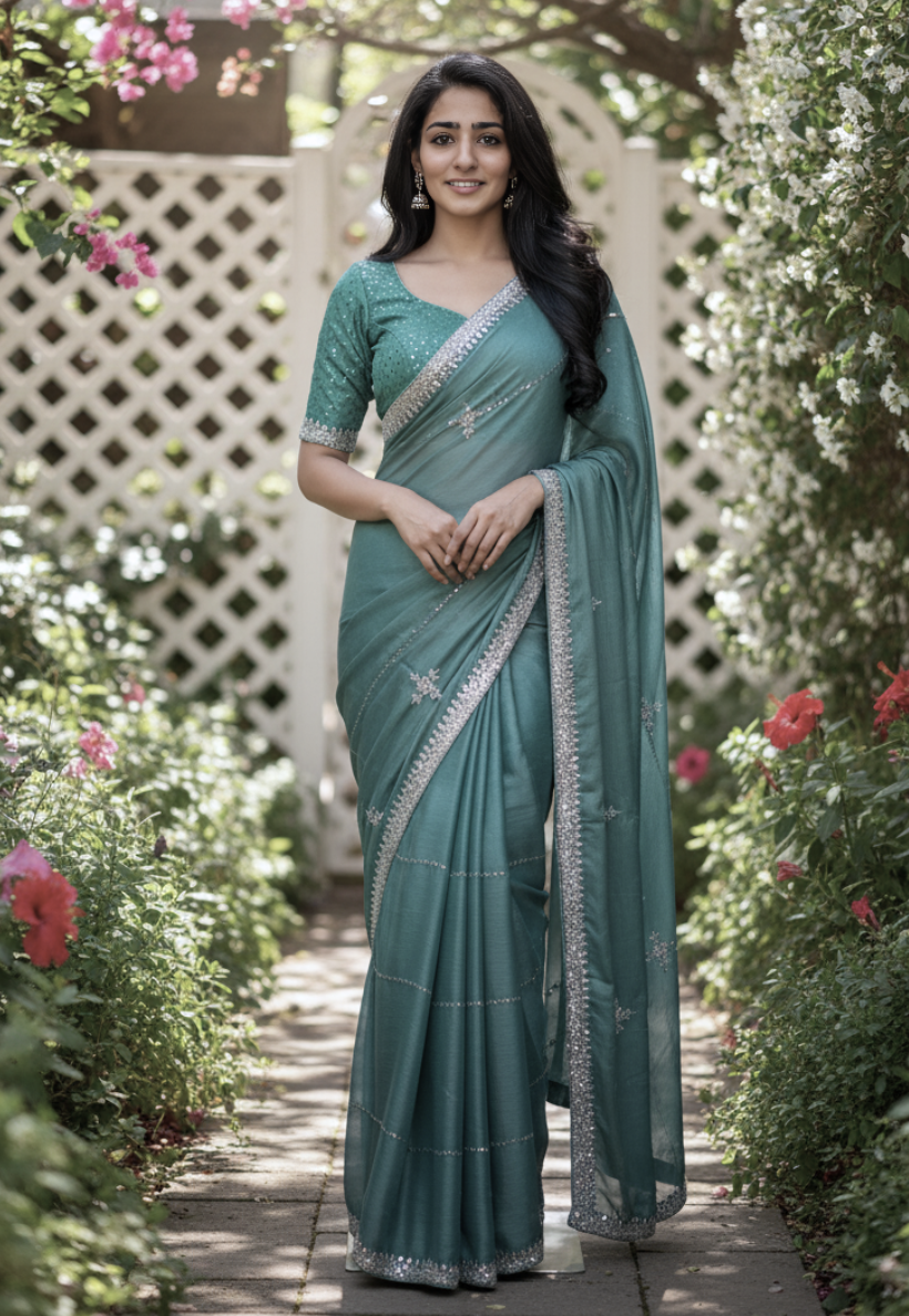 Blue grey Tissue silk saree  with stonework and beadwork