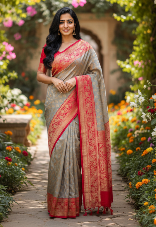 Grey gold banaras saree with broad border