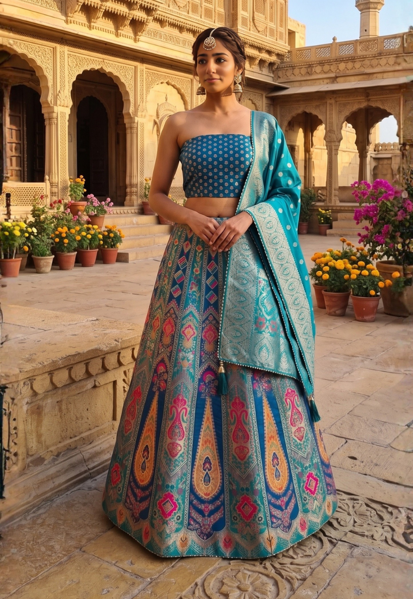 Banarasi style lengha in vertical paisley prints with shades of peacock green, rani pink and emerald green with zari woven threads on fabric