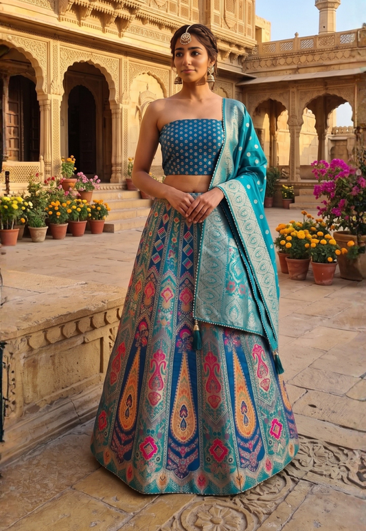 Banarasi style lengha in vertical paisley prints with shades of peacock green, rani pink and emerald green with zari woven threads on fabric