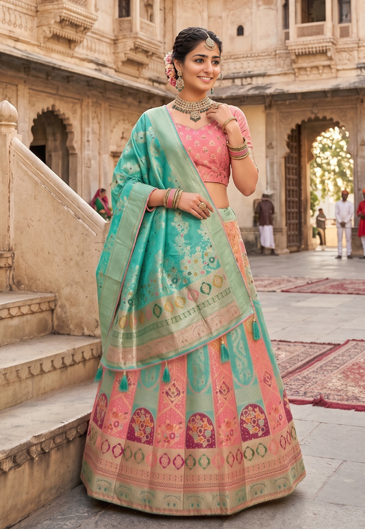 Banarasi style lengha in vertical panels with soft shades of baby pink and mint green with silver and gold zari woven threads on fabric