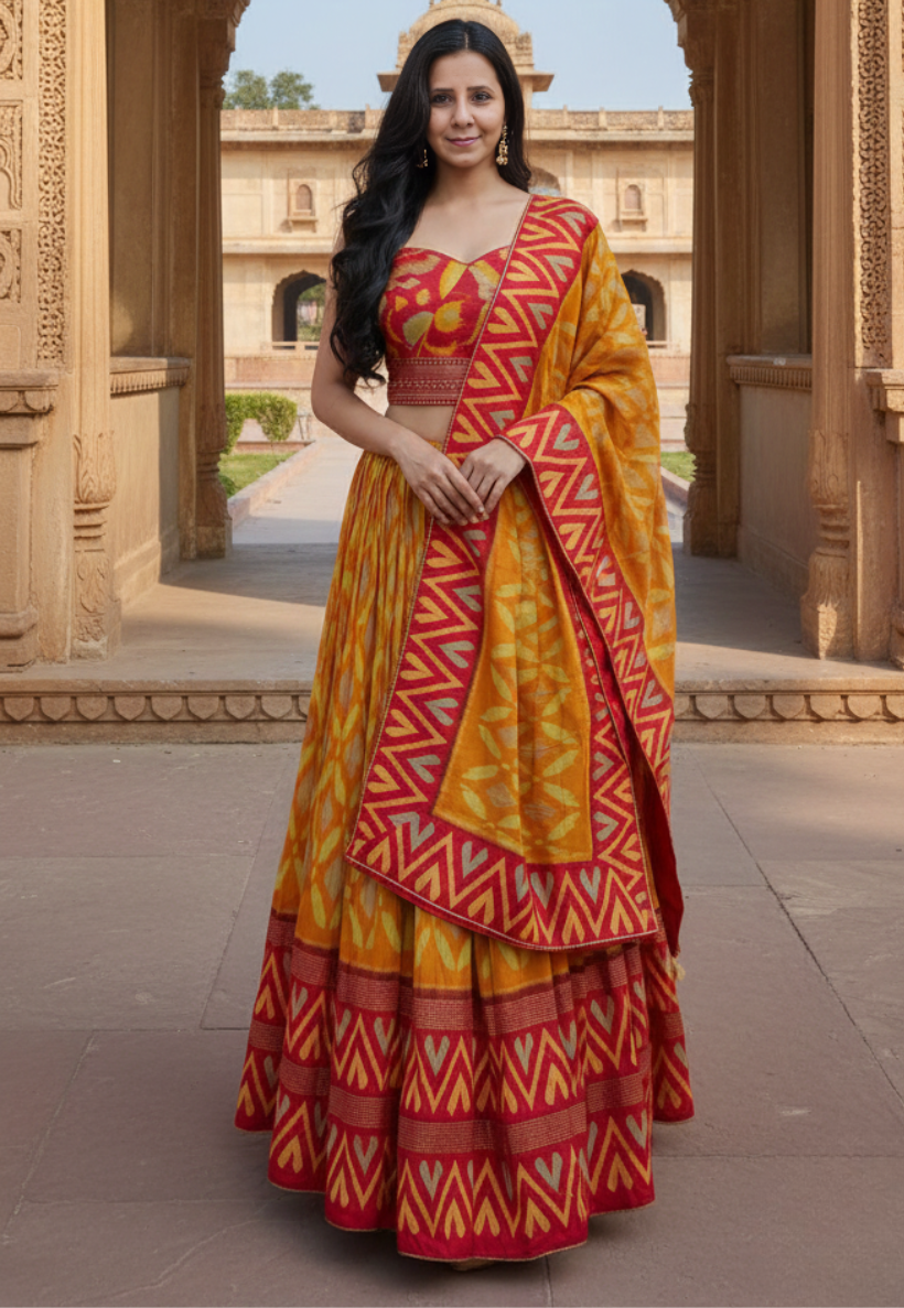 Traditional stitched yellow and burst orange patola design silk lengha