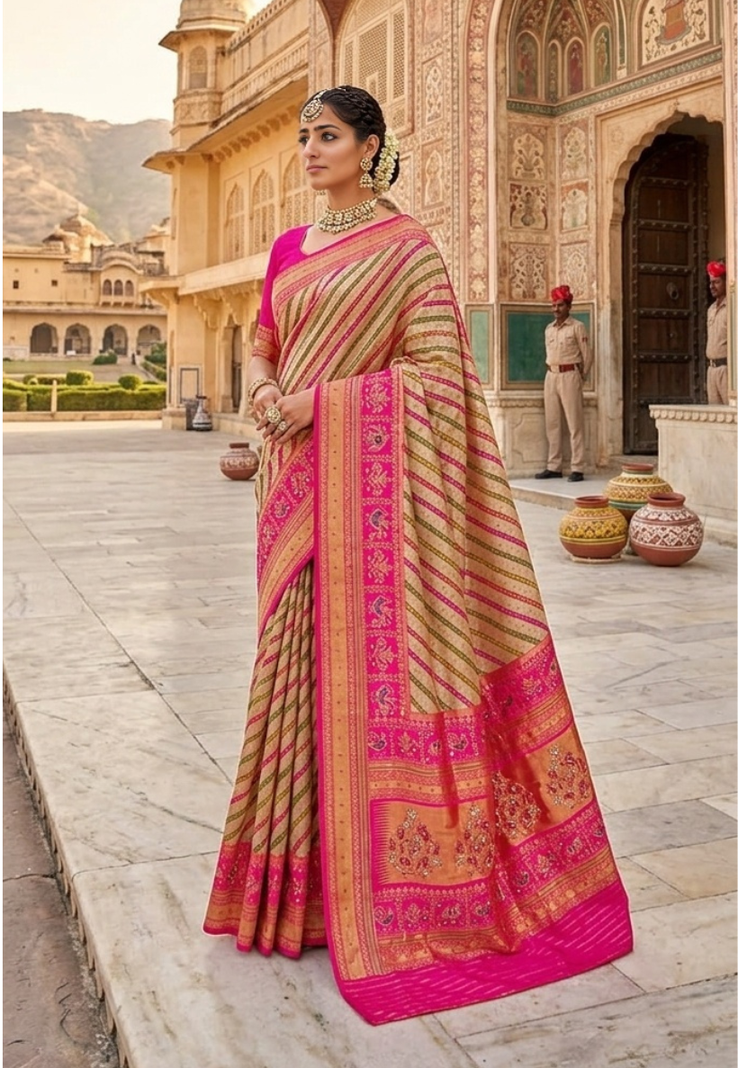 Rich textured tussar silk saree in soft beige and ivory tones with diagonal patterns in pink, olive and orange
