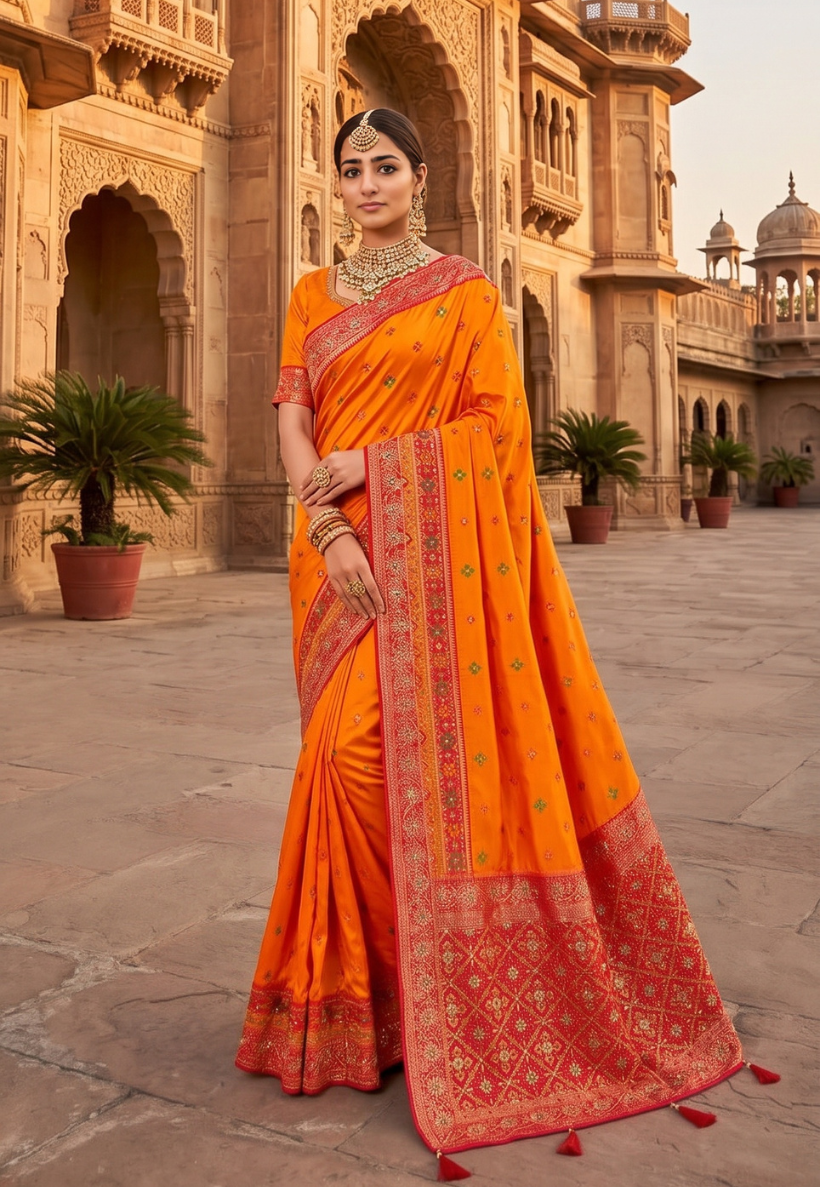 Vibrant orange and magenta pink banarasi saree with shimmering stone and beadwork on border and pallu