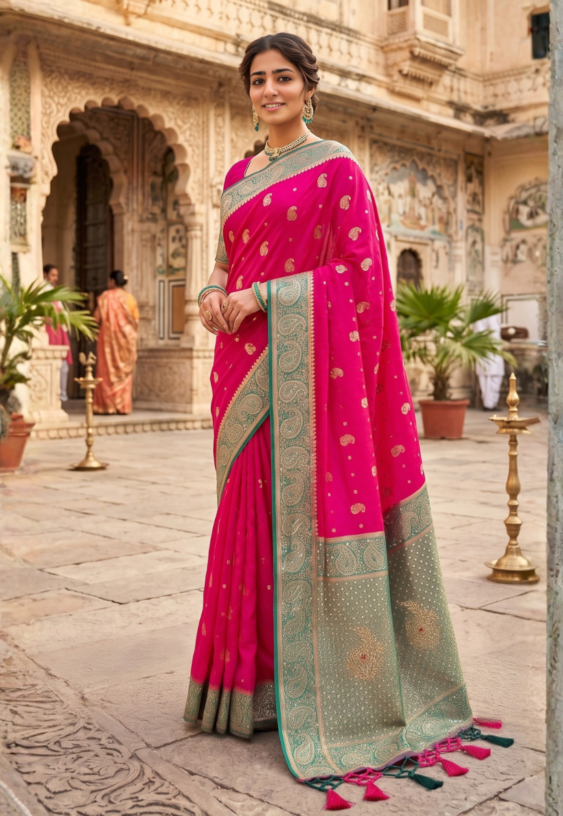 Banarasi silk saree in hot pink and olive green with antique gold metallic stonework border and pallu