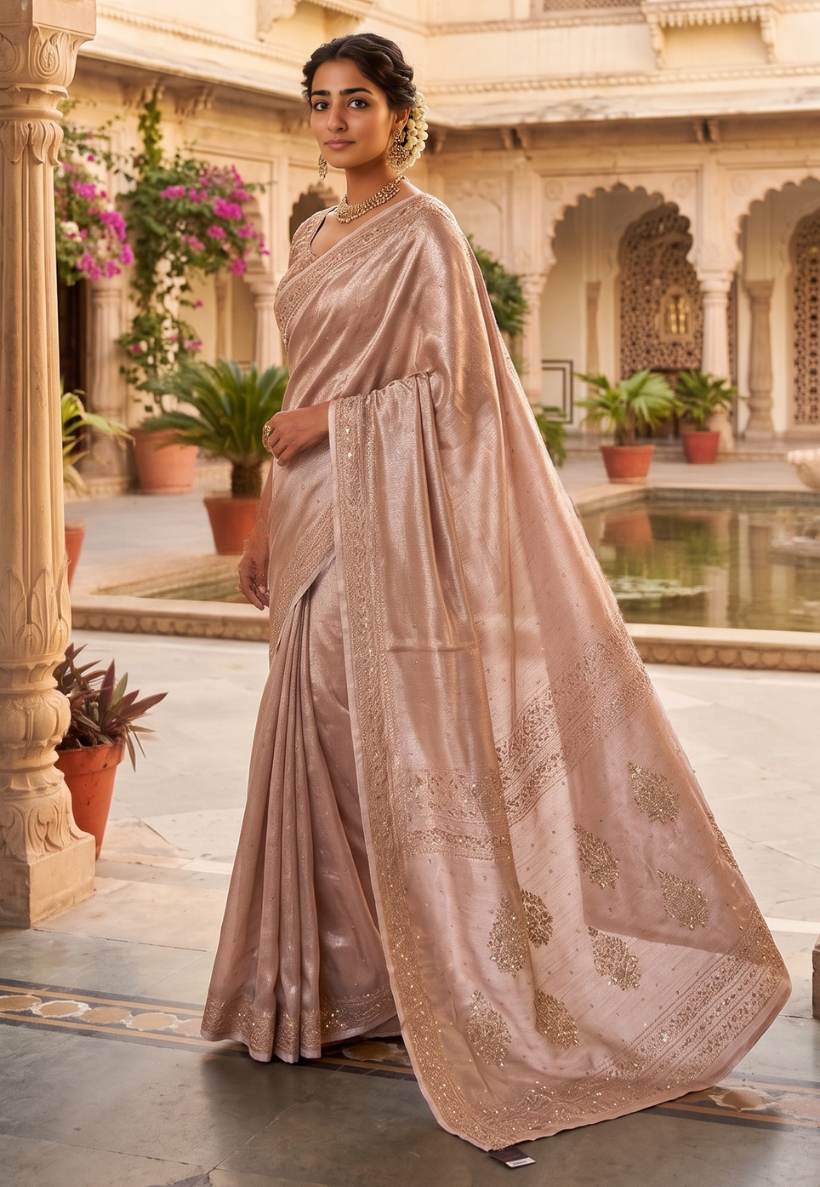 Blush rose pink Banaras silk saree with distinct metallic sheen with zari and stonework