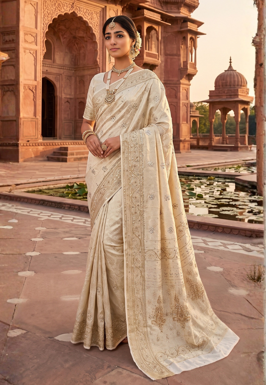 Rich ivory  banarasi silk saree with distinct metallic sheen with zari and stonework
