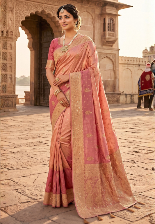 Rose pink banarasi tissue silk saree with subtle gold dual tone metallic shimmer with sequins and beadwork