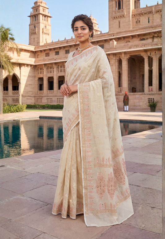 Soft ivory tissue silk saree with thread work featuring subtle shades of pastel pink with gold zari and stonework