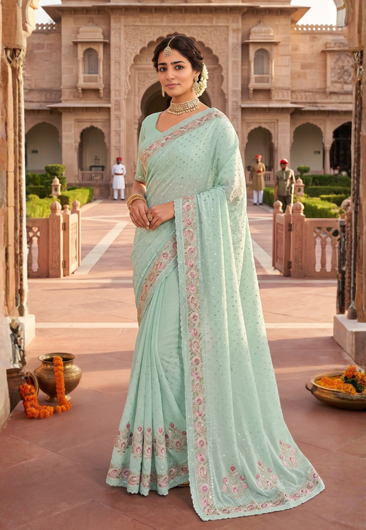 Pastel sea green soft georgette embroidered sequins saree with intricate stonework and floral cotton embroidery border