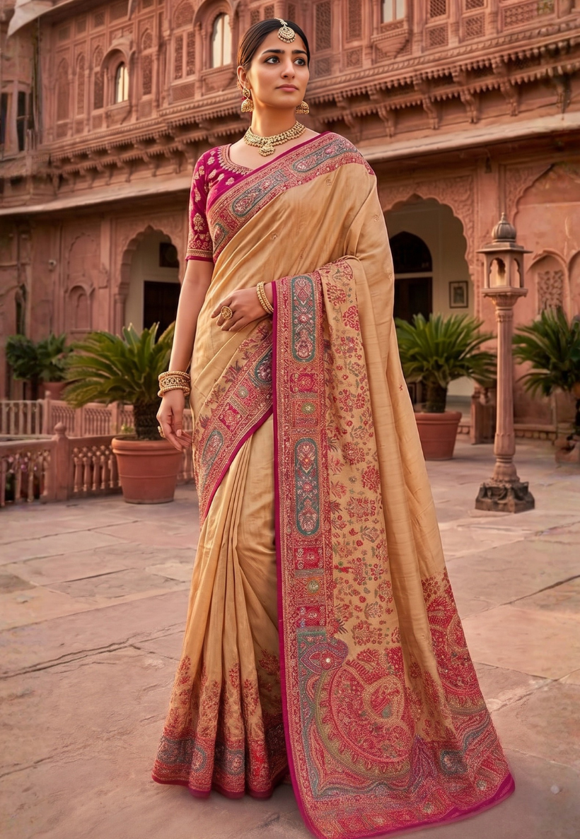 Beige and gold tissue silk saree detailing heavy zardozi and stonework border