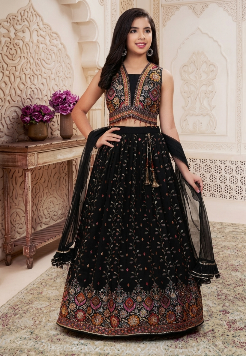 Kids/teen black lengha with embroidery and sequins