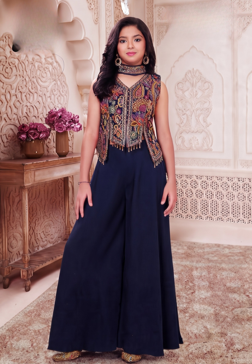 Kids/teen navy indo western outfit with sequins and embroidery top with palazzo pants