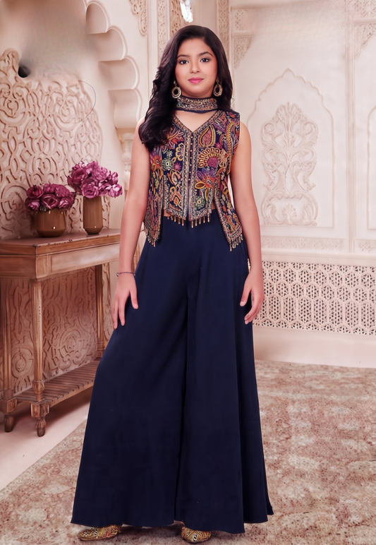 Kids/teen navy indo western outfit with sequins and embroidery top with palazzo pants