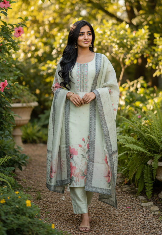 Mint green and gold salwar kameez with floral print, with mirror and embroidery work