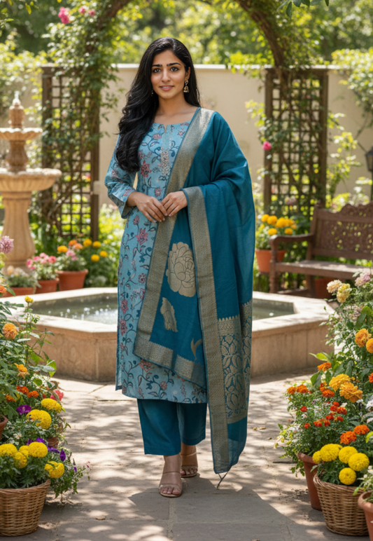 Dusty blue,with floral and vine print cotton silk salwar kameez with embroidery, sequins and bead work