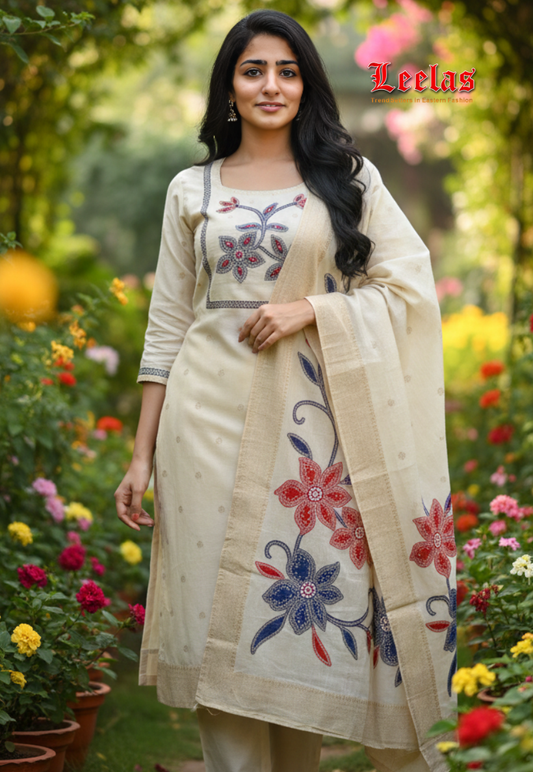 Cream and gold cotton silk salwar kameez with mirror and embroidery work