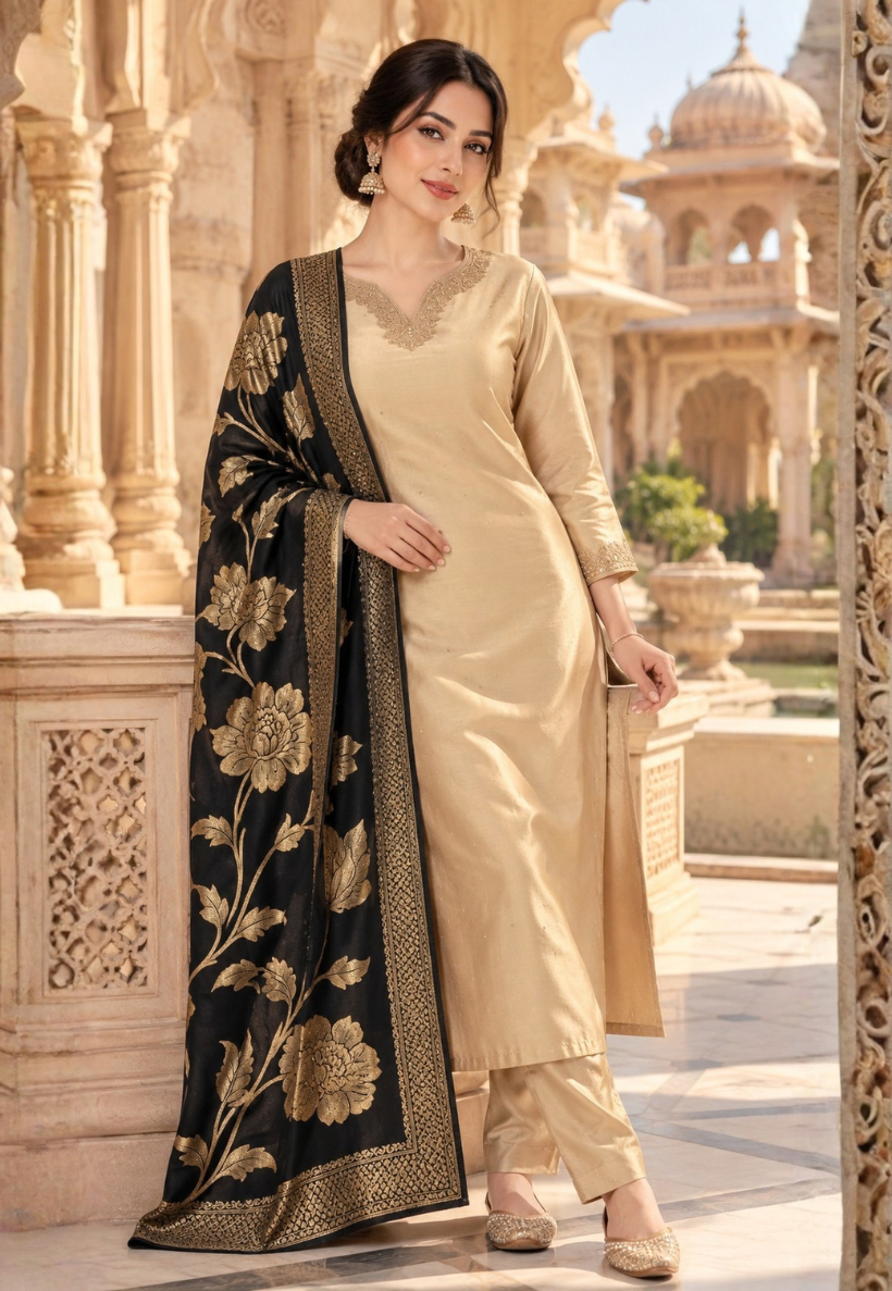 Gold salwar kameez with stonework