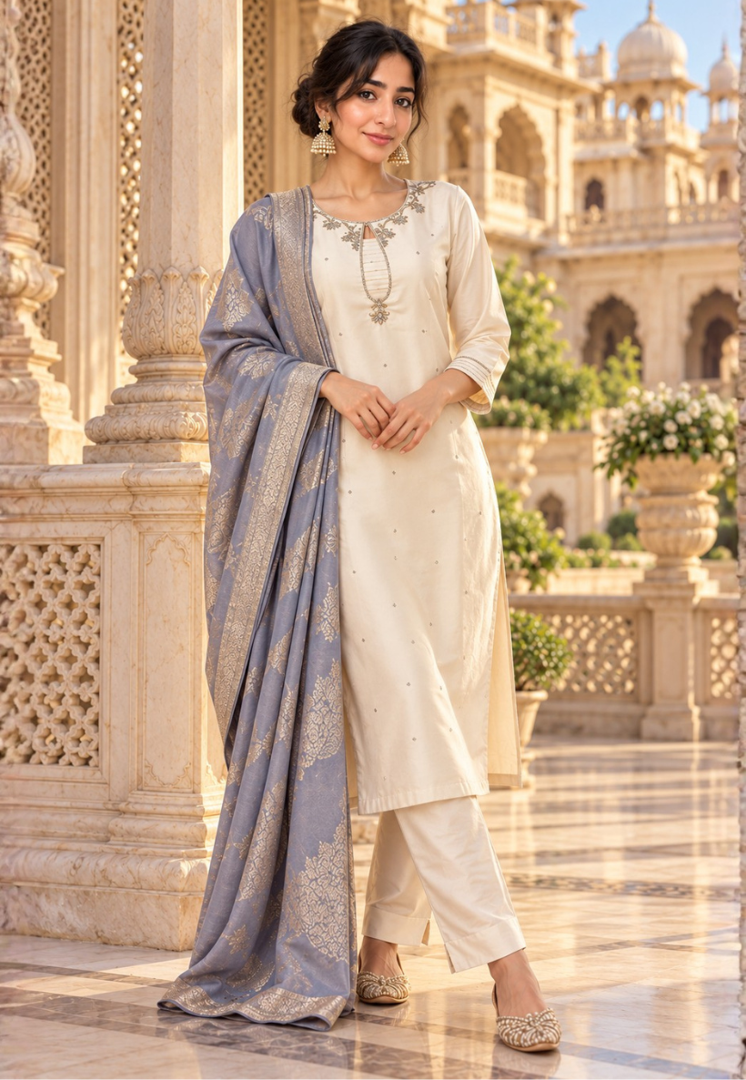 Cream salwar kameez with stonework