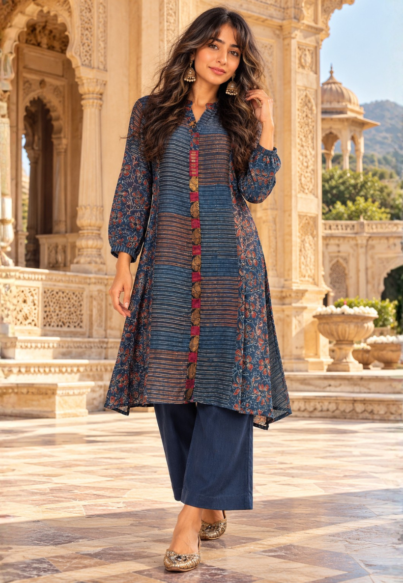 Navy and crimson red ajrakh modal silk kurti set with zari work