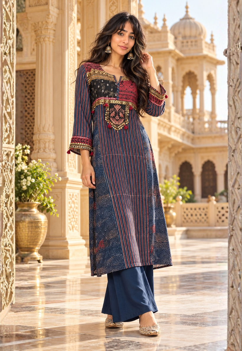 Navy and crimson red ajrakh modal silk kurti set with zari work