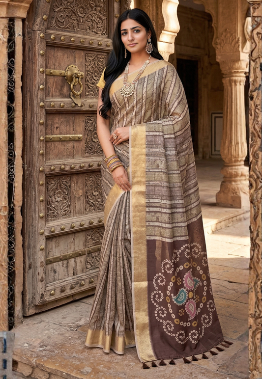 Earthy colour palette of warm olive, brown and greyish blue patterned saree