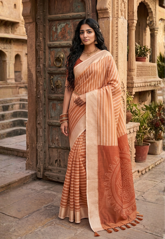 Distinctive stripes in shades of terracotta, light brown and cream cotton silk saree, accented with decorative zari border with bandhani inspired pallu
