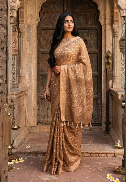 Intricate wave and geometric silk blend patterned saree in a warm earthy caramel, fawn and pale gold tone with bandhani inspired pattern on pallu