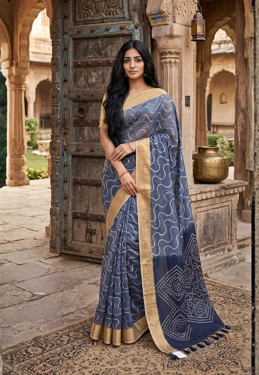Intricate wave and geometric silk blend patterned saree in tones of indigo and navy with bandhani inspired pattern on pallu