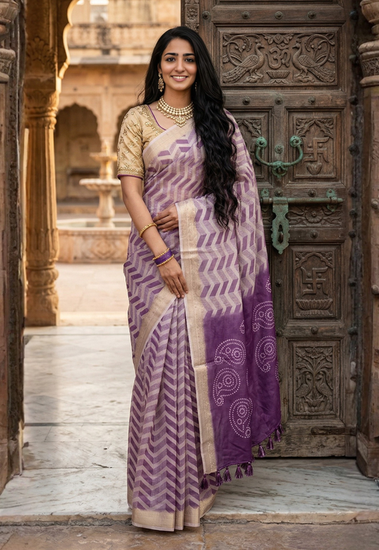 Geometric zigzag purple and cream saree with intricate zari border