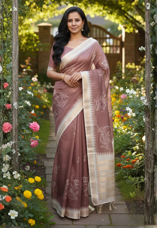 Brown silk blend saree with embroidery, sequins and zari work and off white floral design