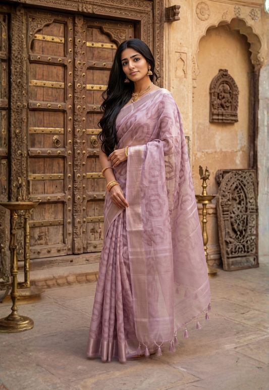 Dusty rose floral cotton saree with large floral motifs in deeper mauve shade with zari border