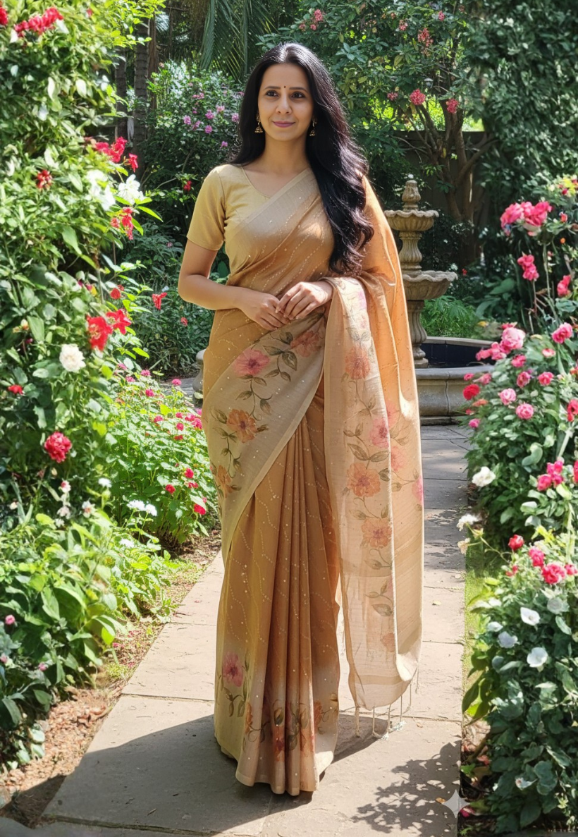 Traditional light golden bandhani print tissue silk saree with modern floral design and blouse piece