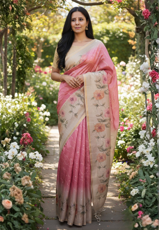 Traditional dusty pink bandhani print tissue silk saree with modern floral design