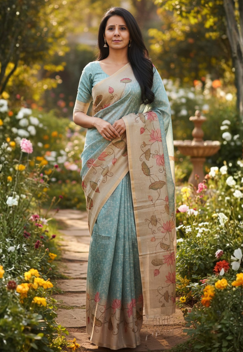 Traditional teal blue bandhani print tissue silk saree with lotus  floral design