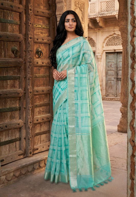 Teal abstract geometric pattern cotton saree inspired by a darker turquoise print with  zari border